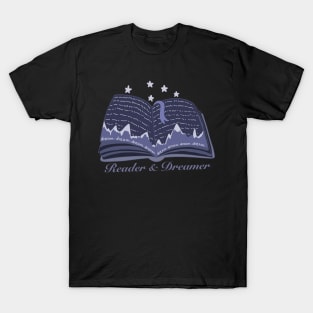 Reader and dreamer dark blue book design with mountains and night sky panorama T-Shirt